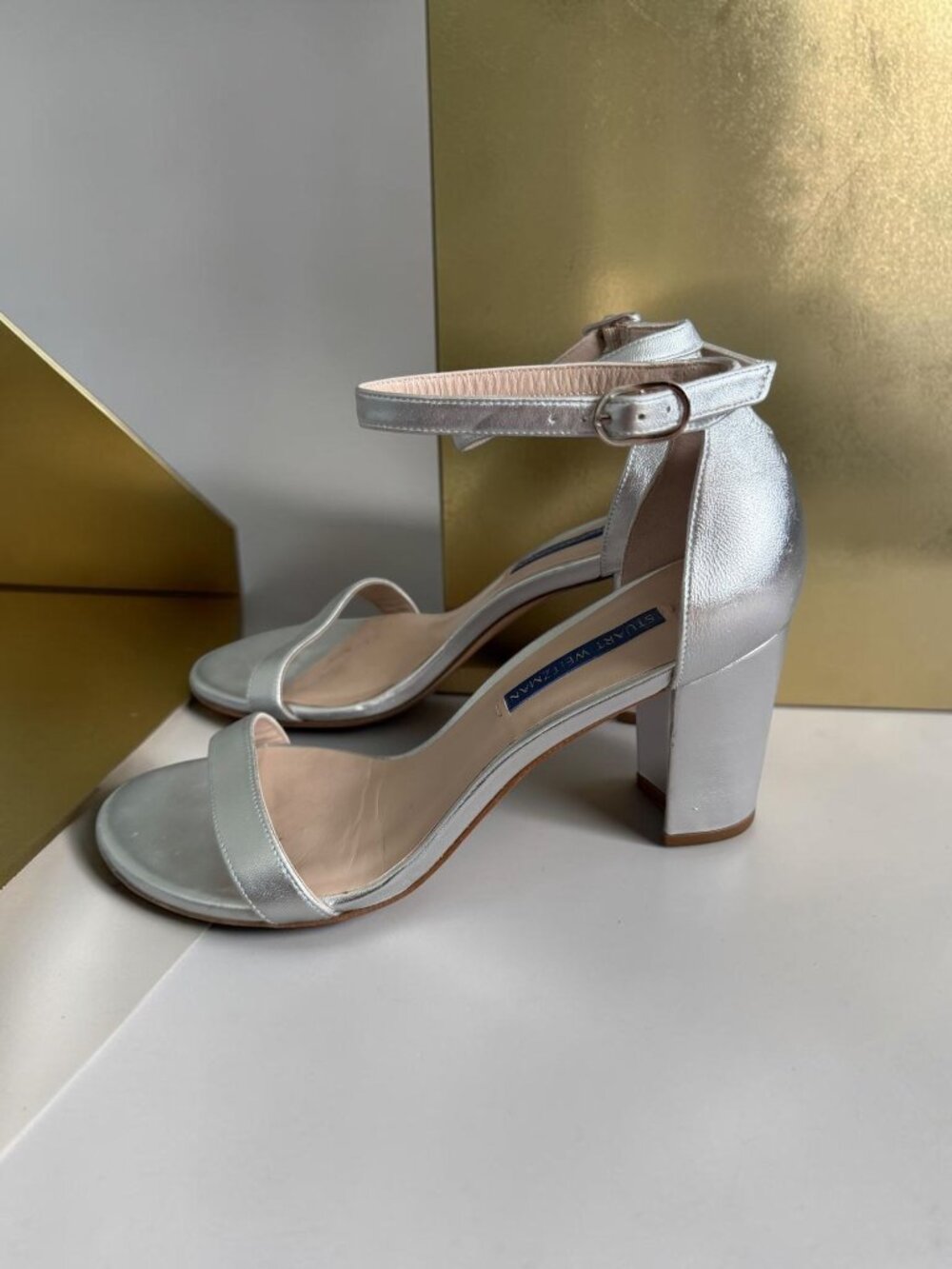 STUART WEITZMAN Silver Leather Ankle Strap Heels Size 7.5